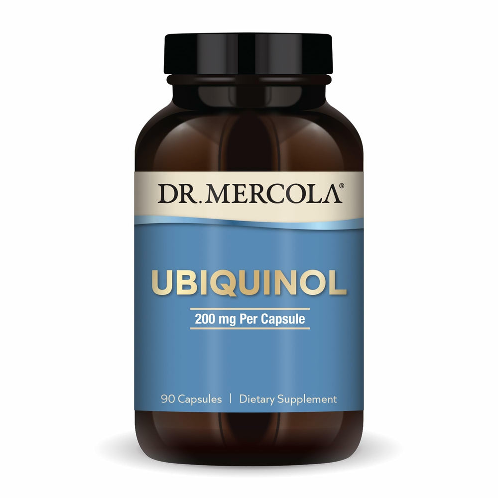Dr. Mercola Ubiquinol bottle emphasizing energy support for daily vitality.