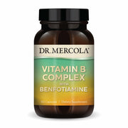 Dr. Mercola Vitamin B Complex benfotiamine bottle for daily energy support.