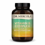 Dr. Mercola Vitamin B Complex with Benfotiamine bottle for daily energy and immune support.