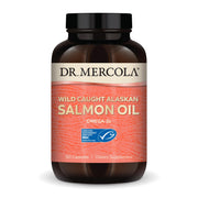 Dr. Mercola Wild Alaskan Sockeye Salmon Oil bottle front view, supports daily omega-3 intake.