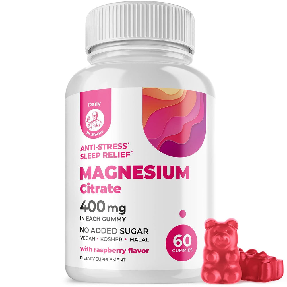 DR. MORITZ Magnesium Citrate Gummies bottle on shelf for calm support.