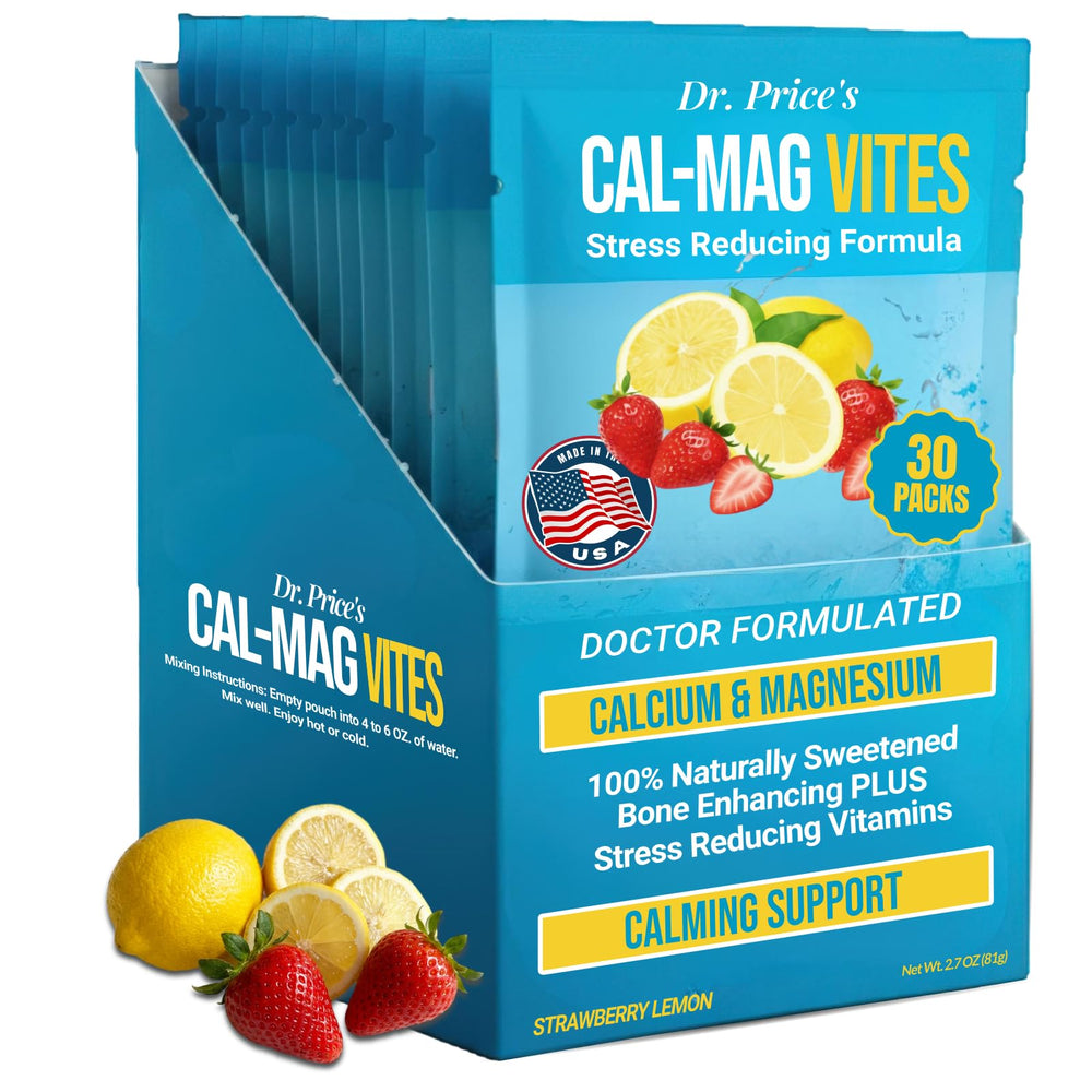 Dr. Price's Cal-Mag Vites packet closeup for convenient on-the-go calcium and magnesium support.