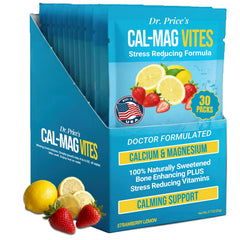 Dr. Price's Cal-Mag Vites packet closeup for convenient on-the-go calcium and magnesium support.