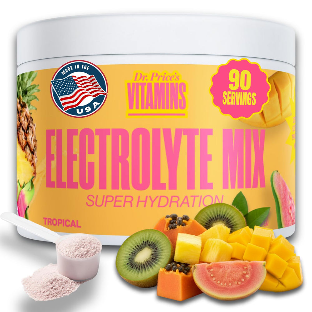 Dr. Price's Electrolytes Tropical bottle pour supports quick hydration during workouts.
