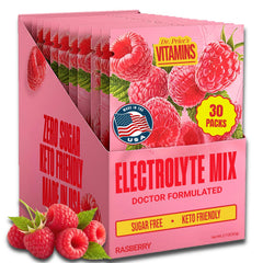 Dr Price's Electrolytes Raspberry packets front view for convenient, sugar-free hydration during workouts.