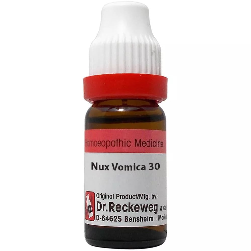 Dr Reckeweg Nux Vomica 30 CH bottle for occasional digestive discomfort and irritability.