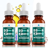 Dr. Robaina Vitamin D3 + K2 Drops bottle shows vegan formula for daily use.