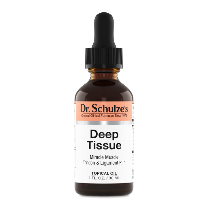 Dr. Schulze's Deep Tissue Oil bottle close-up for soothing sore muscles after activity.