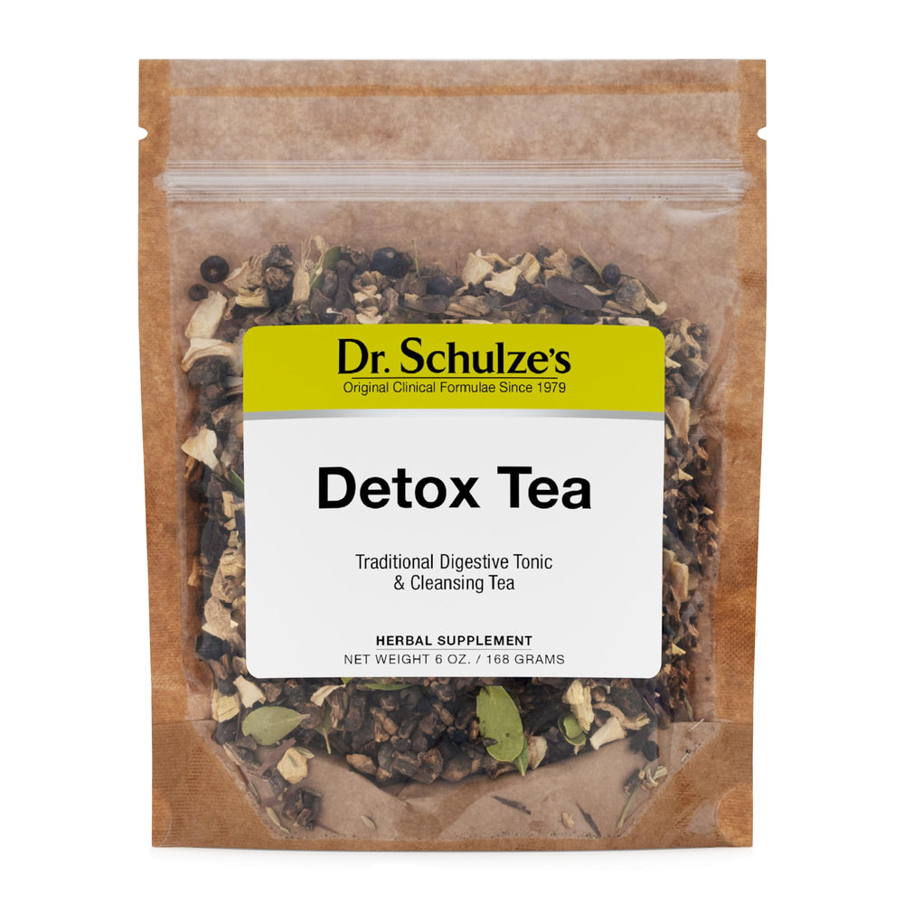 Dr. Schulze's Detox Tea bottle pour highlights the traditional herbal blend.