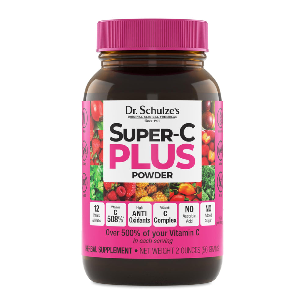 Dr. Schulze's Super-C Plus bottle tilted to show a smooth pour for easy daily dosing and immune support.