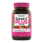 Dr. Schulze's Super-C Plus bottle tilted to show a smooth pour for easy daily dosing and immune support.