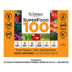 Dr. Schulze's SuperFood 100 bottle pour demonstrating easy daily nutrition use.