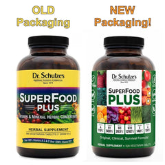 Dr. Schulze's SuperFood Plus label detail highlights vegan, gluten-free formula