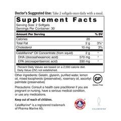 Dr. Sinatra CalaMarine bottle back label shows DHA/EPA details for heart health.
