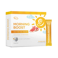 Dr. T Morning Boost packaging with grapefruit flavor for convenient on-the-go energy
