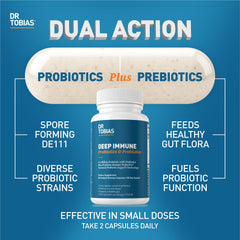 Dr. Tobias Deep Immune capsules closeup, convenient vegetarian capsules for daily support.