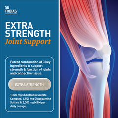 Dr. Tobias Joint Support bottle label highlights glucosamine, chondroitin, MSM for joint support.
