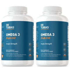 Dr. Tobias Omega-3 bottle packshot showing triple-strength fish oil capsules for heart and brain support.