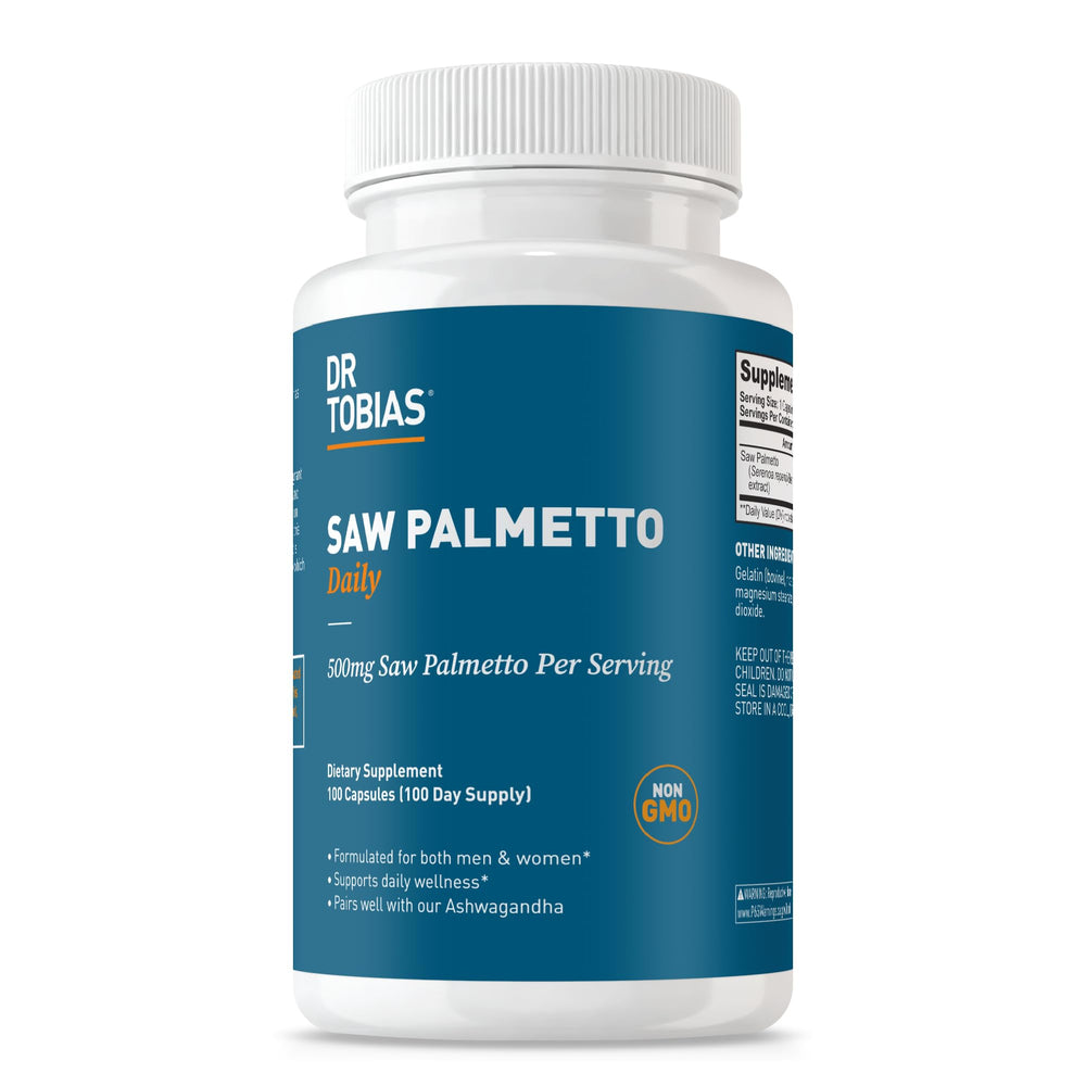 Dr. Tobias Saw Palmetto bottle label showing 500 mg per serving for daily balance.