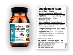 DR WAKDE'S Arjuna capsules label closeup emphasizes additive-free contents.