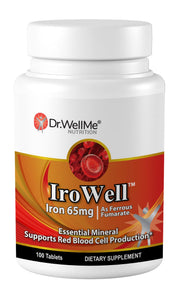 DR WELLME NUTRITION Irowell iron tablets in bottle for energy support during daily routines.