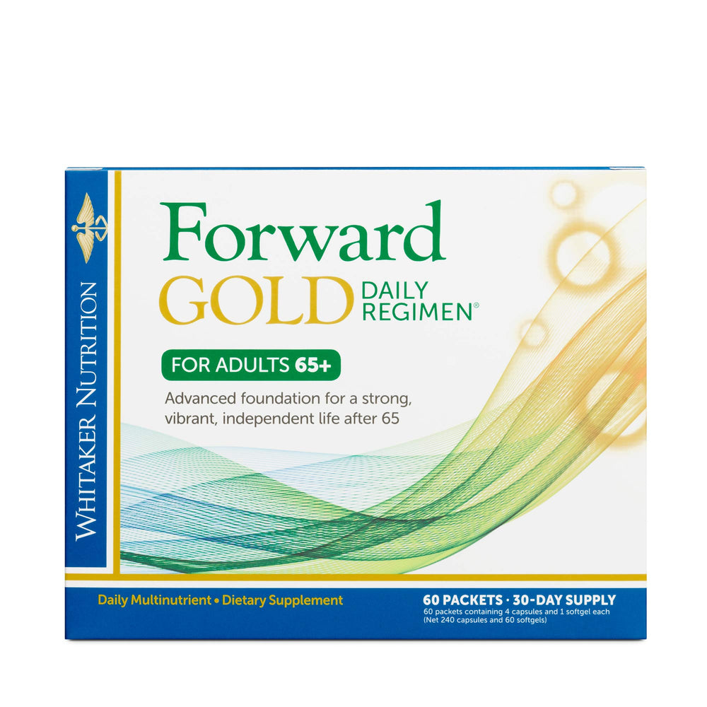 DR.WHITAKER Forward Gold bottle and packets for a convenient daily regimen that supports balanced aging.