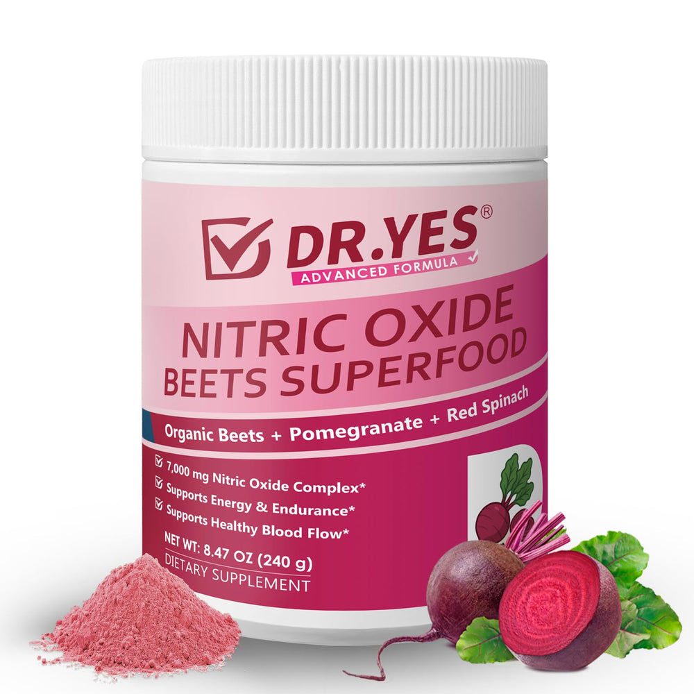 DR YES Organic Beet Root Nitric Oxide Powder bottle for smoothies and energy support