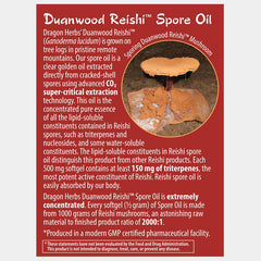 Dragon Herbs Reishi Spore Oil capsules close-up with glossy softgels.