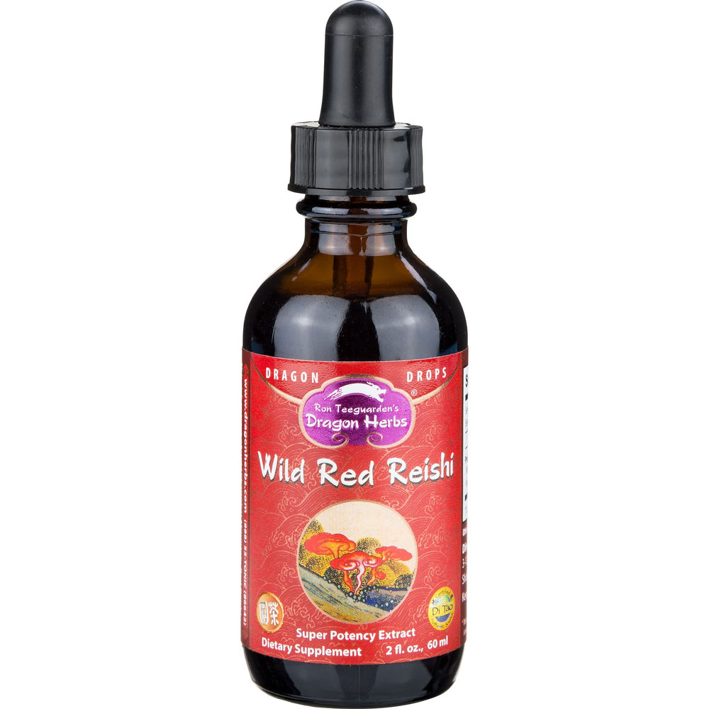 Dragon Herbs Wild Red Reishi Drops bottle for daily calm and balance.