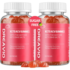 DREAVIO Keto ACV Gummies bottle front highlighting vegan, sugar-free apple cider vinegar for daily wellness.