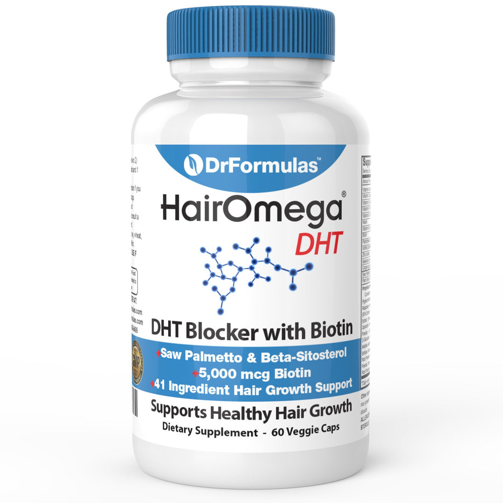 DrFormulas HairOmega bottle close-up highlighting a vitamin-rich formula for hair health