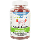 DrFormulas Nexabiotic Gummies bottle closeup showing halal vegetarian vitamins and probiotics for daily immune support.