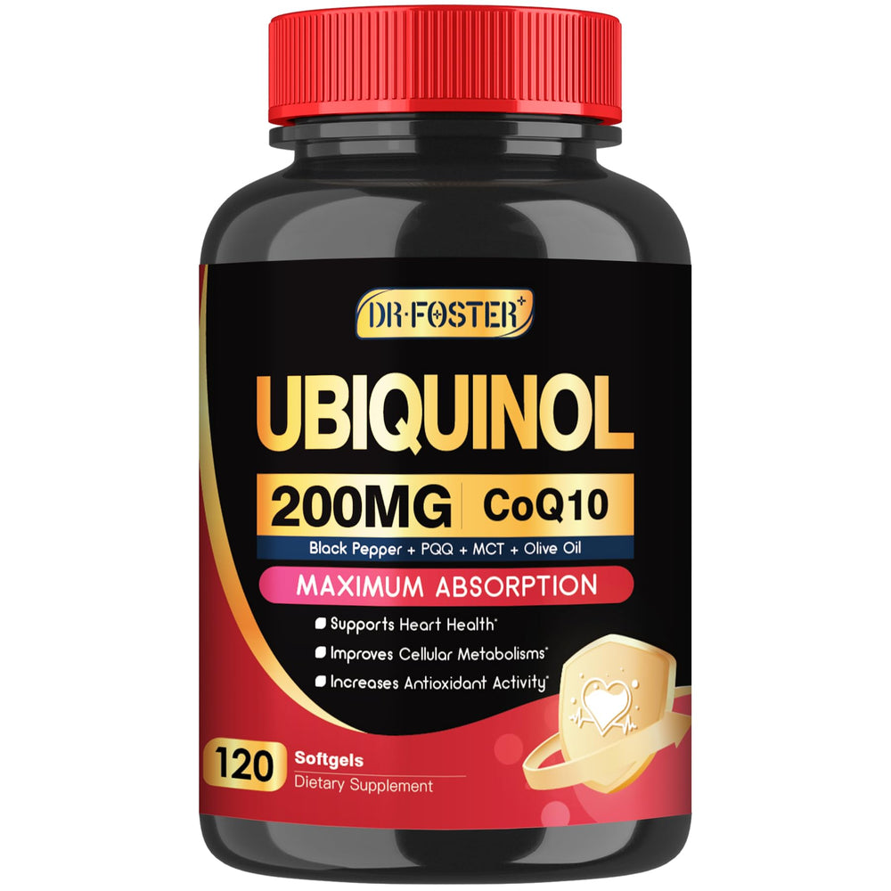 DRFOSTER CoQ10 ubiquinol 200mg bottle highlights max absorption for daily energy