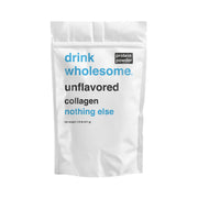 Drink Wholesome unflavored collagen powder tub close-up showing simple ingredients for sensitive stomachs