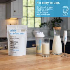 Pour-ready vanilla egg white protein powder supports low-FODMAP and gluten-free routines.
