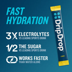 DripDrop Lemon single-serve packet on backpack for travel hydration