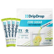 DripDrop sugar-free hydration packet pouring into a glass for quick hydration.