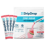 DripDrop Sugar Free Watermelon hydration packet poured into a glass for quick hydration.