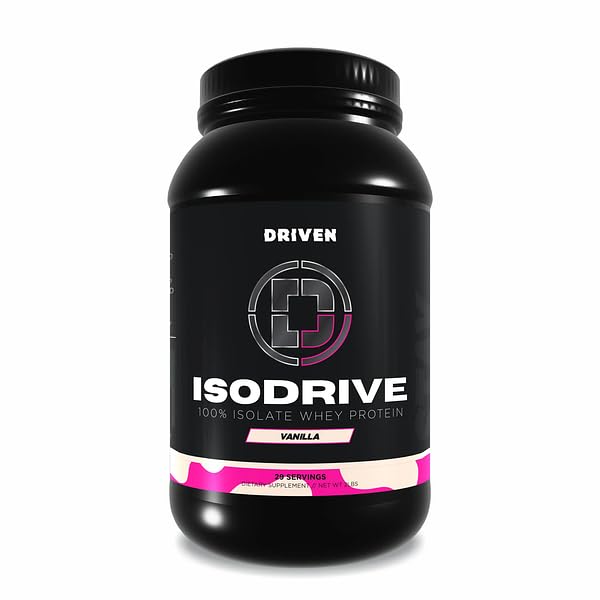 Driven Nutrition IsoDrive Vanilla tub front showing premium protein quality for daily fueling.
