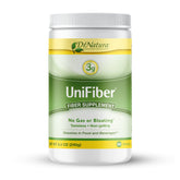 DrNatura Unifiber bottle closeup shows tasteless, gentle fiber for daily digestion.