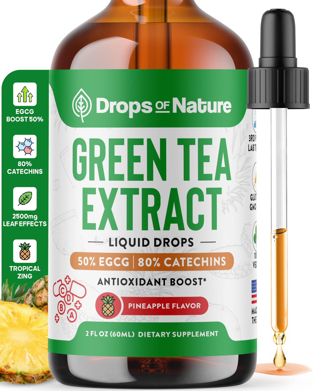 Drops Of Nature Green Tea 10:1 Extract bottle highlighting premium antioxidant support.