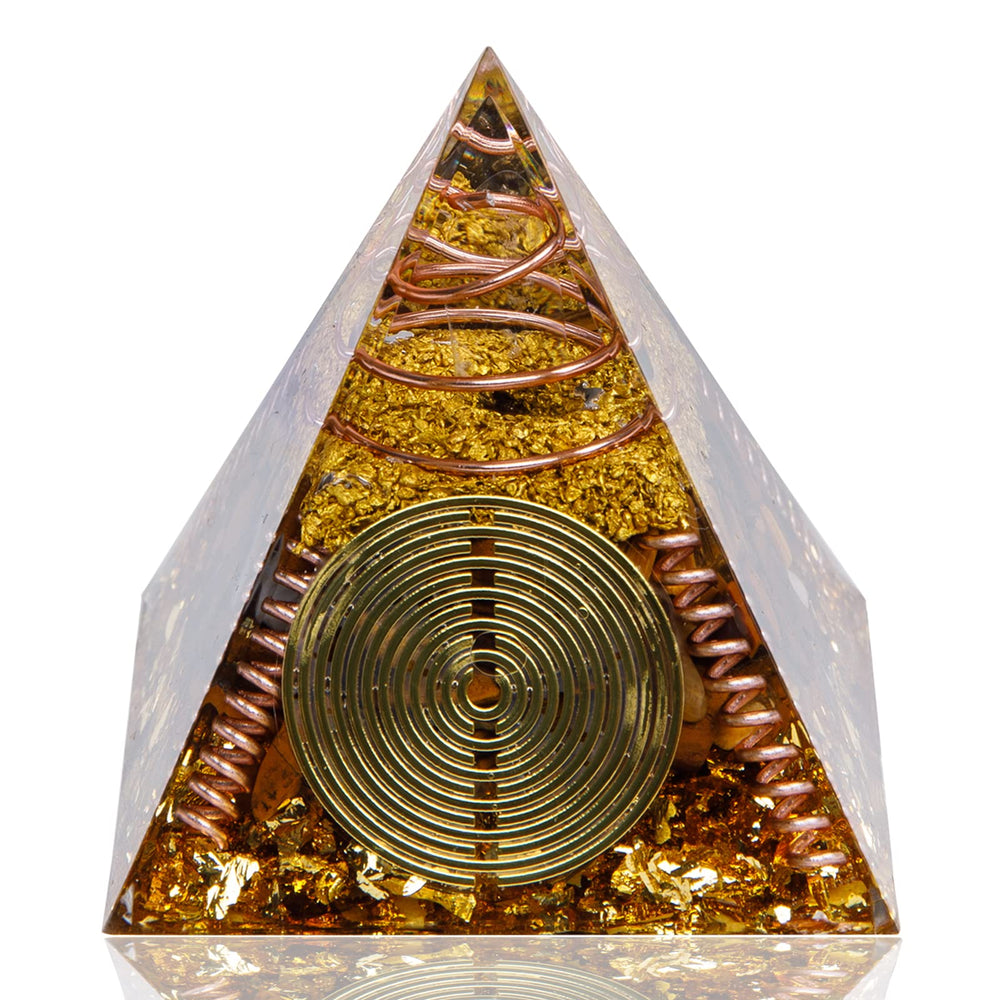 DRTMLY Orgone pyramid tiger's eye close-up for energy balance and focus