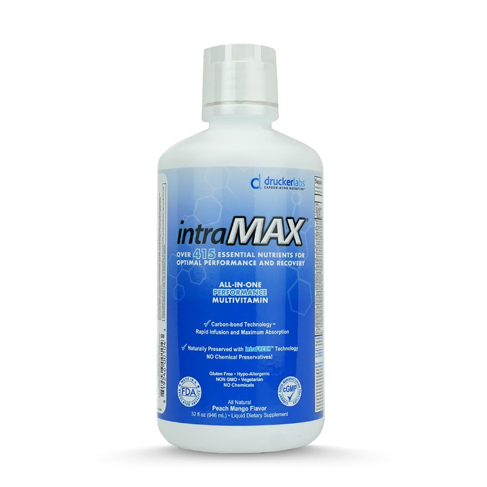 Drucker Labs intraMAX bottle with peach mango flavor for convenient daily nutrition.