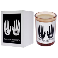 DS & Durga Tuberose Myrrhder candle burning emits warm, inviting glow