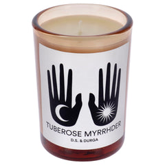 DS & Durga Tuberose Myrrhder candle label close-up shows premium branding