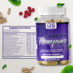 DS Nutrition menopause capsules closeup highlights two-a-day dosing for steady relief.