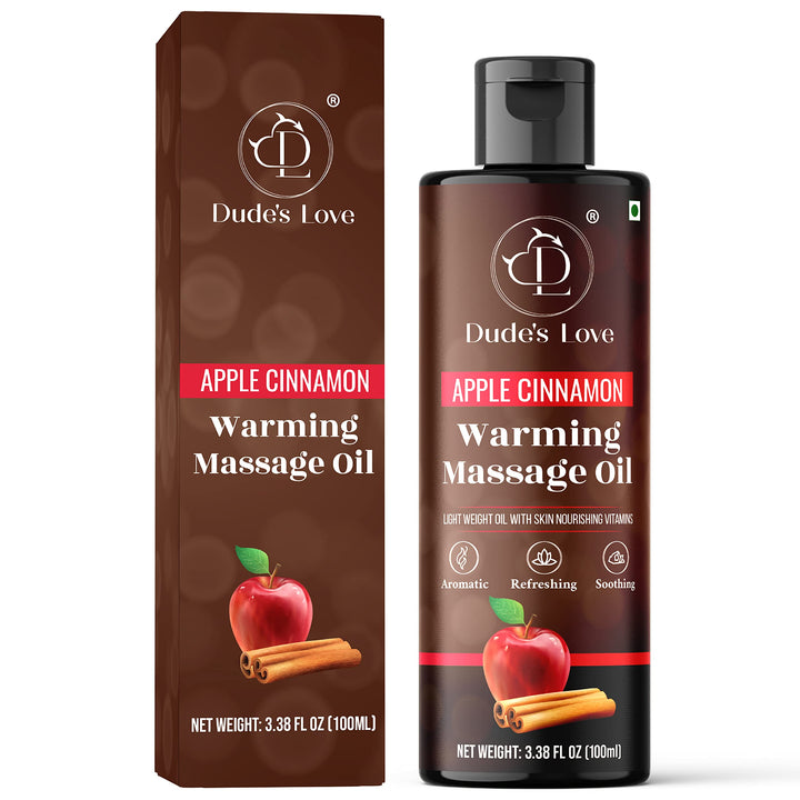 Dude's Love front bottle showing organic apple cinnamon oil and benefits