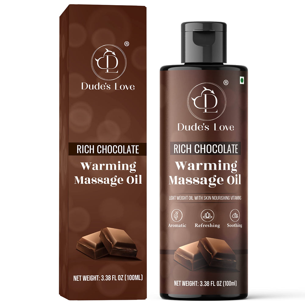 Dude's Love Chocolate warming oil bottle highlights nourishing base and aroma.