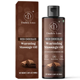 Dude's Love Chocolate warming oil bottle highlights nourishing base and aroma.
