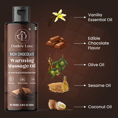 Dude's Love chocolate oil on skin emphasizes light absorption and soft touch.